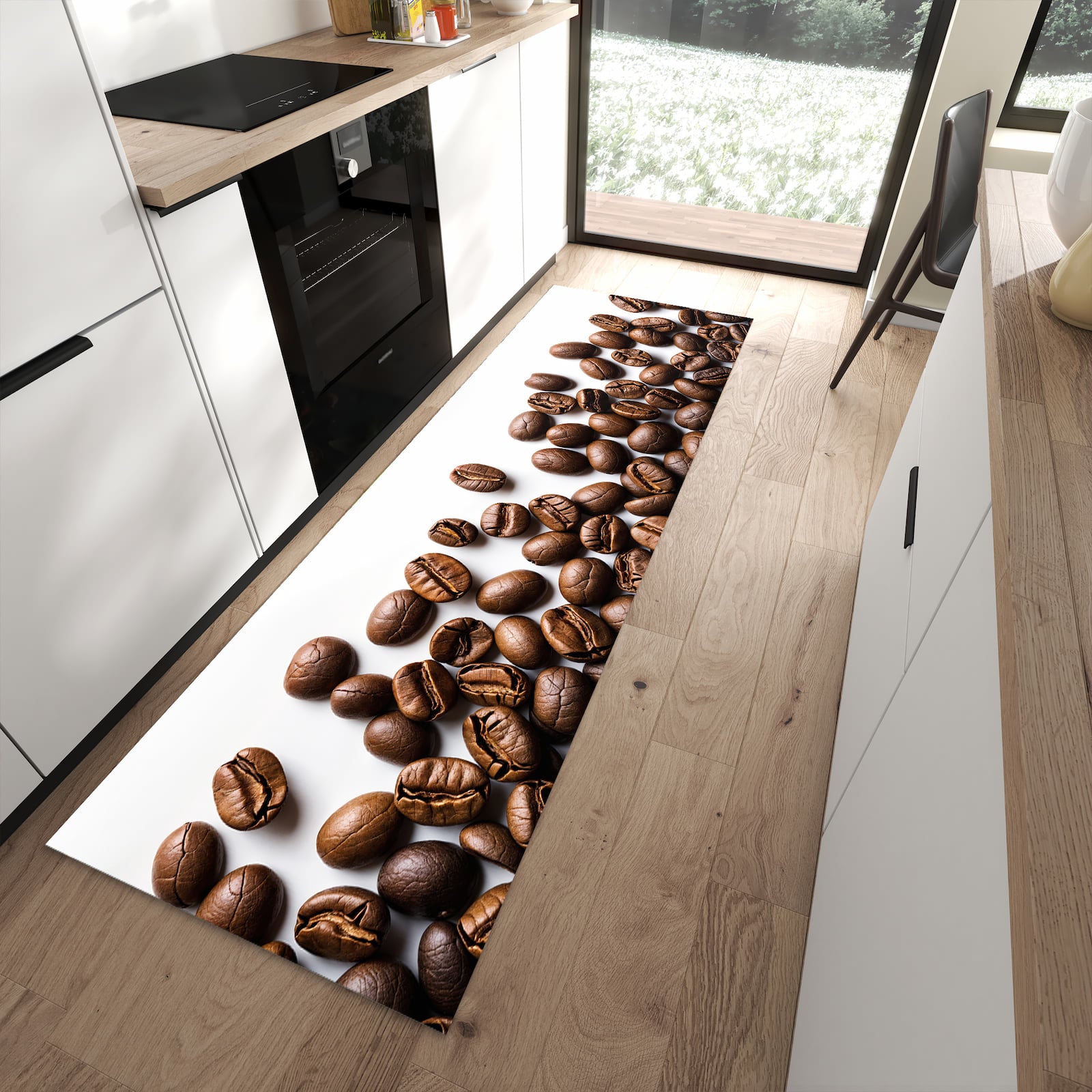 Schmutzabweisender Küchenteppich mit Motiv Warme Kaffeebohnen in moderner Küche