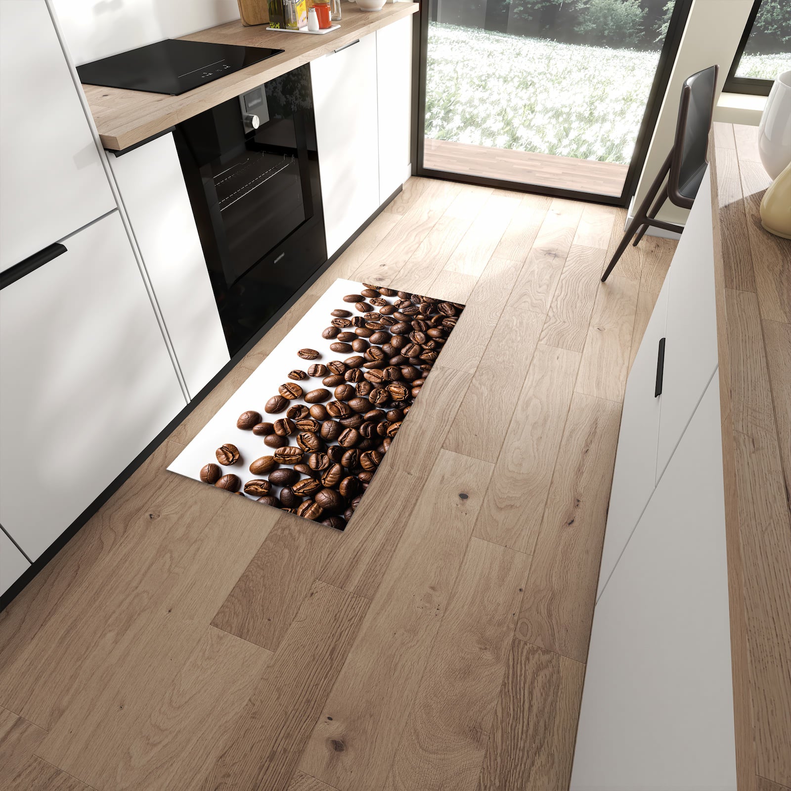 Dünner Küchenteppich mit Motiv Warme Kaffeebohnen in moderner Küche für sicheres Aufbewahren #grösse_60 x 120 cm