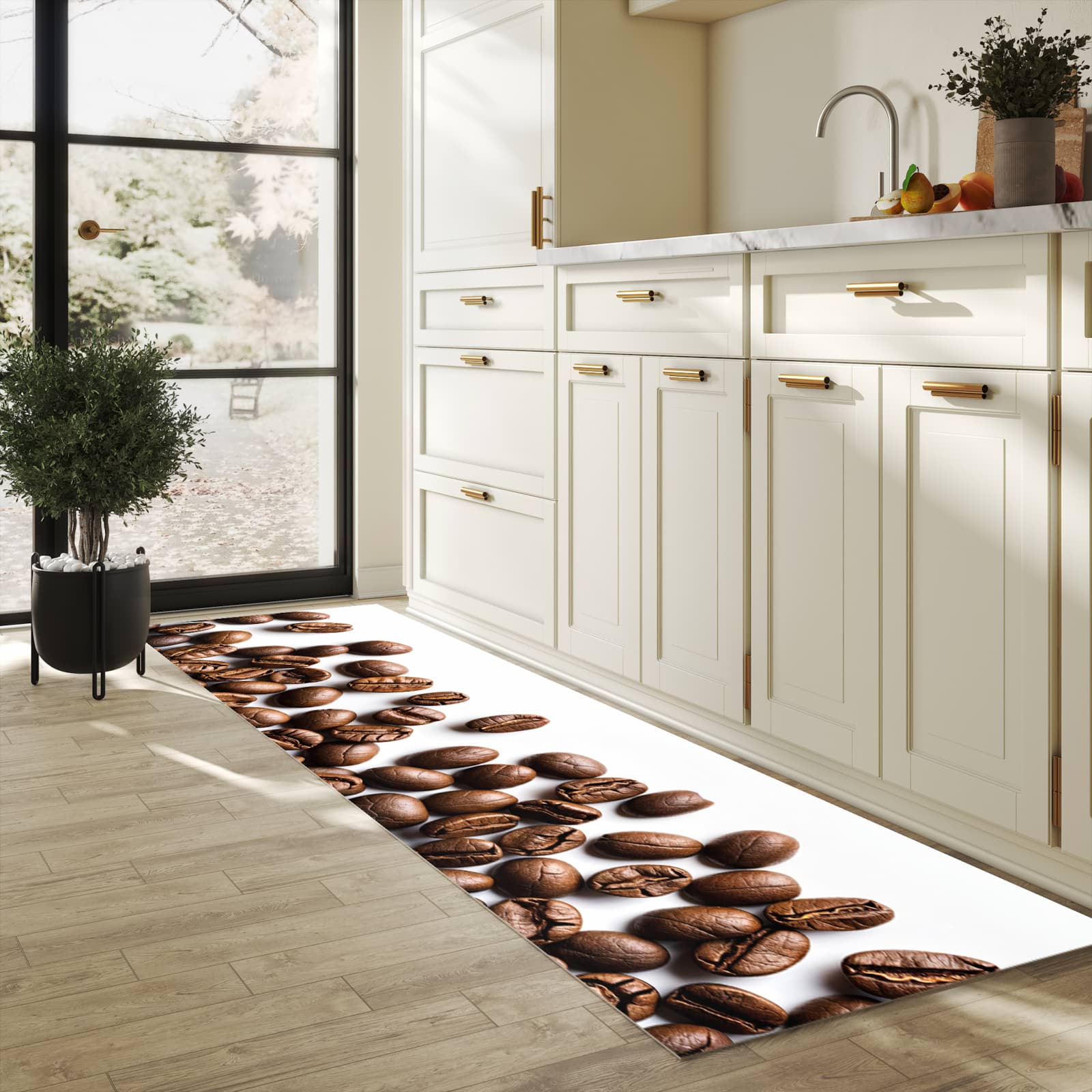 Feuchtigkeitsresistenter Küchenteppich mit Motiv Warme Kaffeebohnen in heller Küche