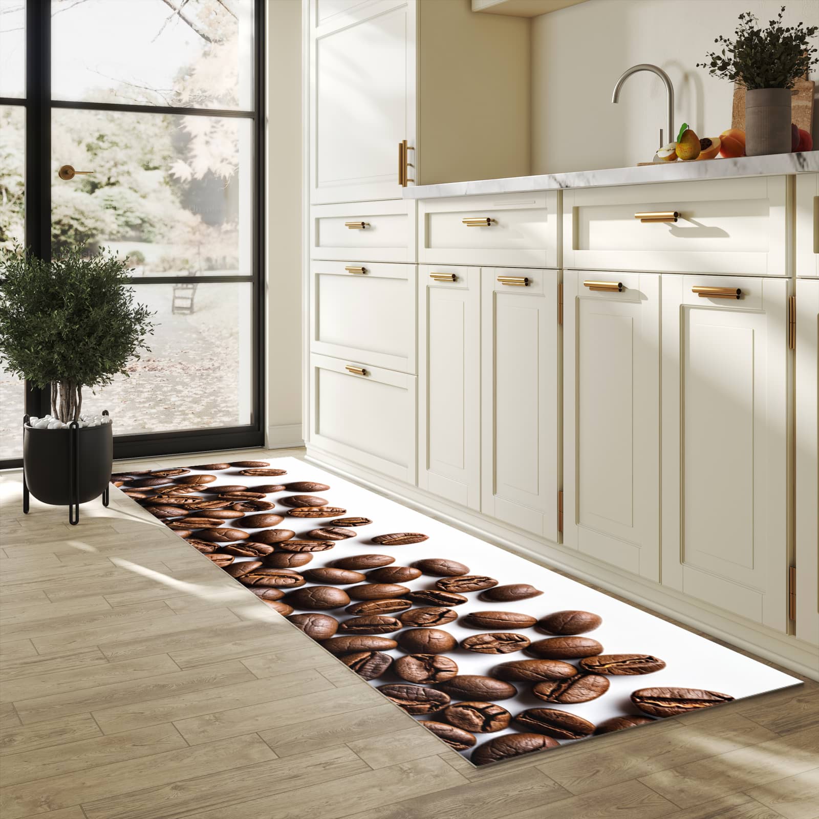 Rutschfester Küchenteppich mit Motiv Warme Kaffeebohnen in heller Küche