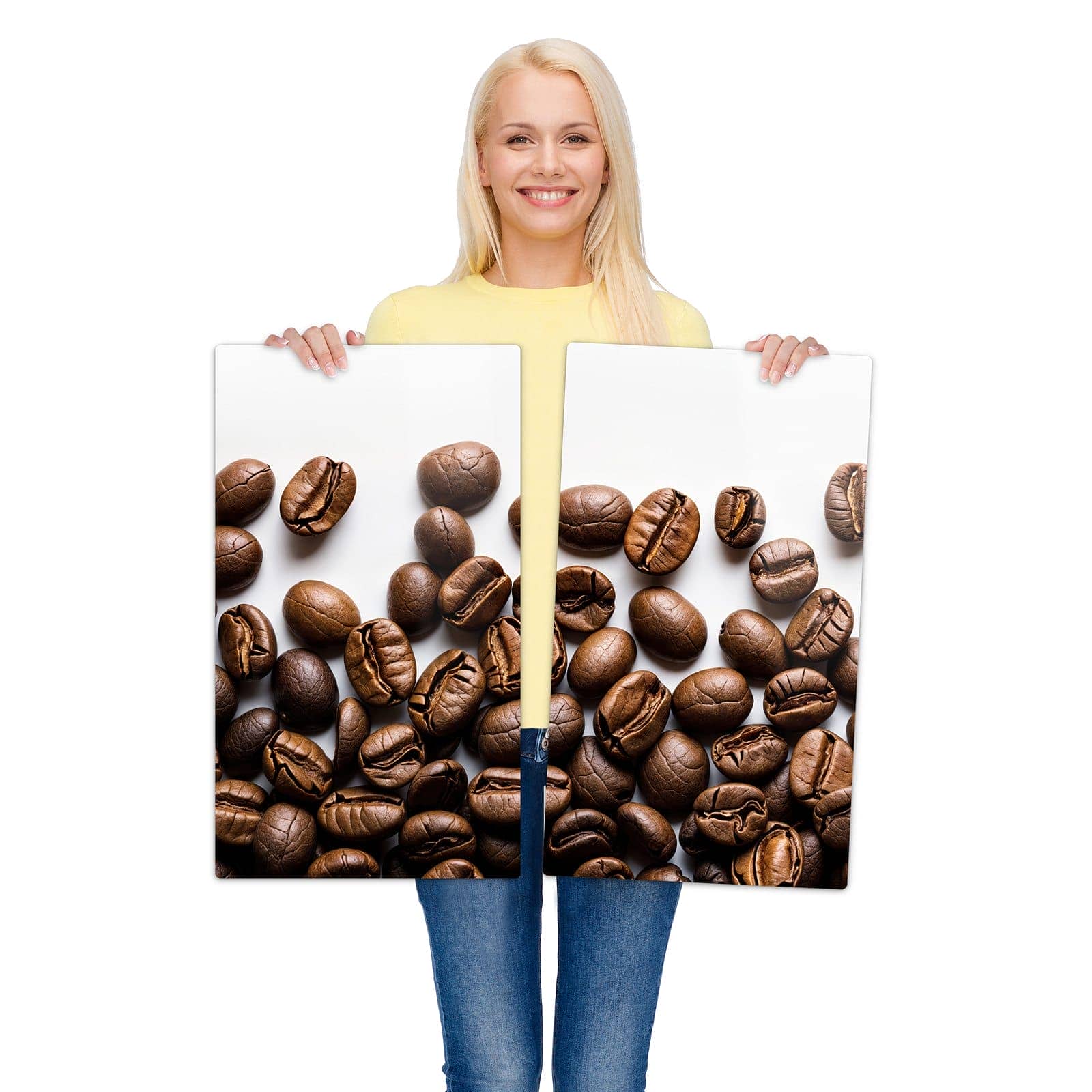 2-teilige Herdplattenabdeckung mit Warme Kaffeebohnen-Motiv wird zur Größendarstellung gehalten