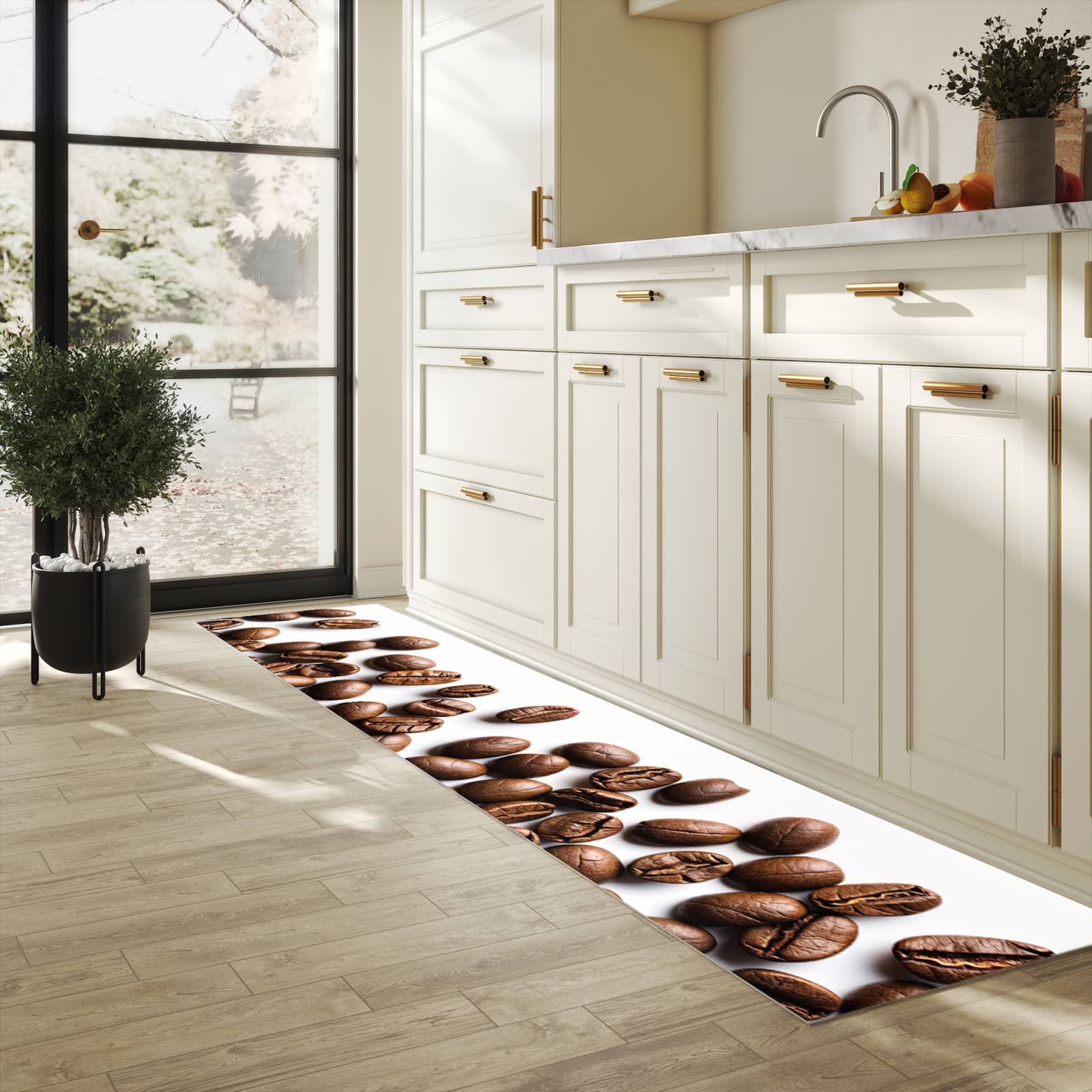 Hygienischer Küchenteppich mit Motiv Warme Kaffeebohnen in heller Küche