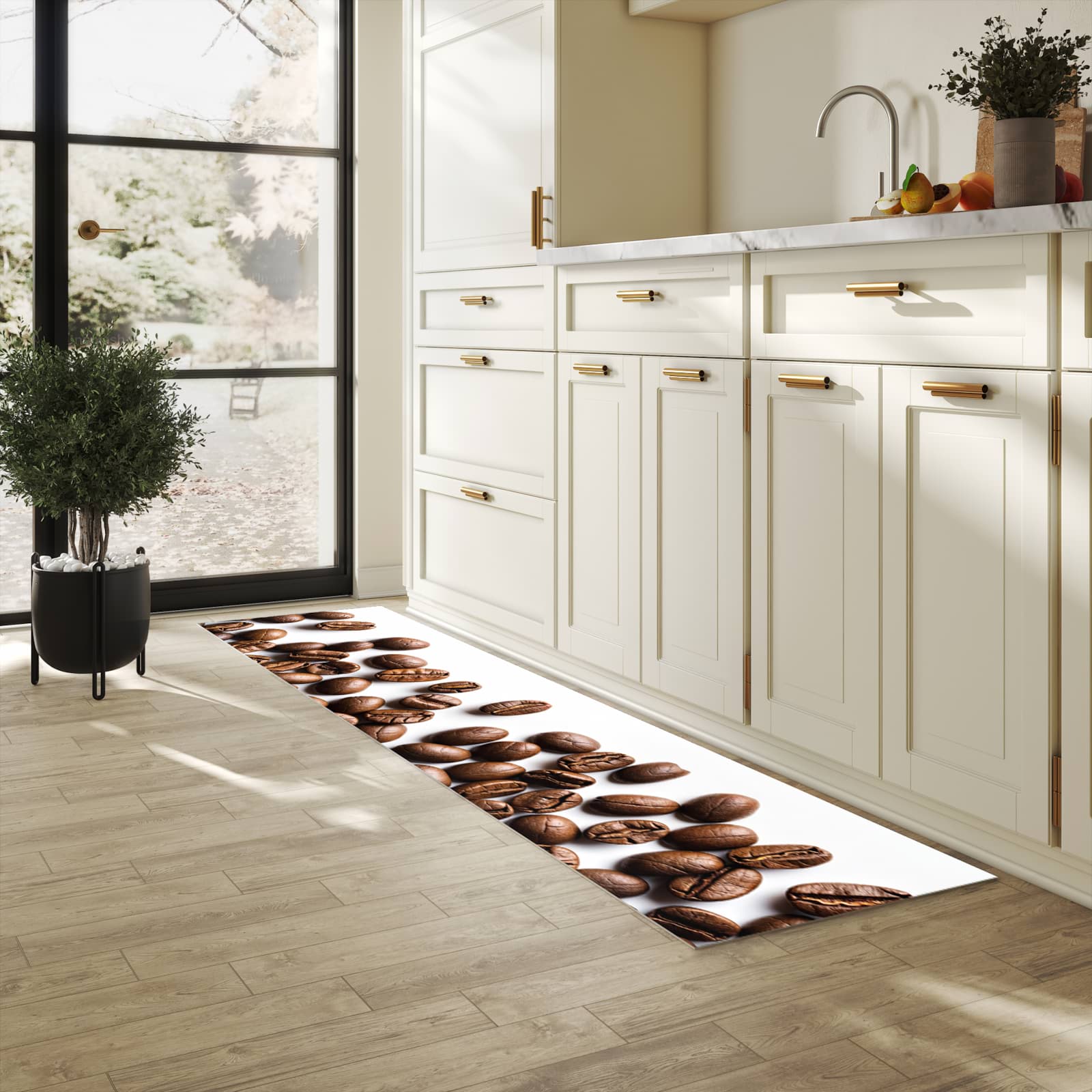 Komfortabler Küchenläufer mit Motiv Warme Kaffeebohnen in heller Küche