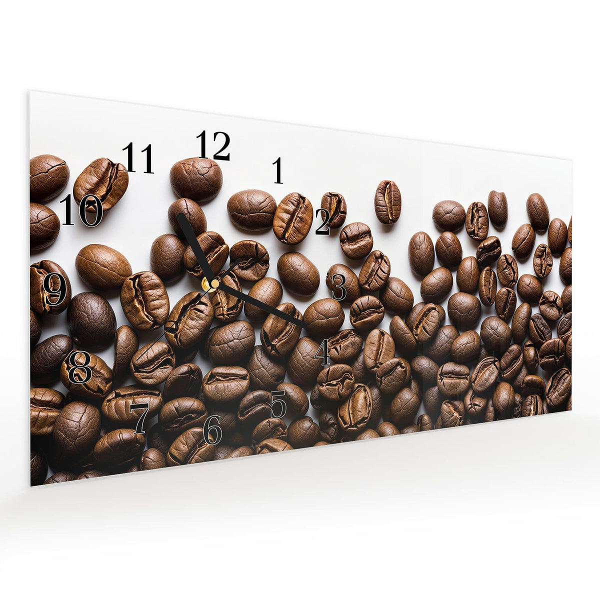 Vormontiert – mit Schwebeeffekt – Wanduhr Warme Kaffeebohnen aus Glas – Querformat 60 × 30 cm