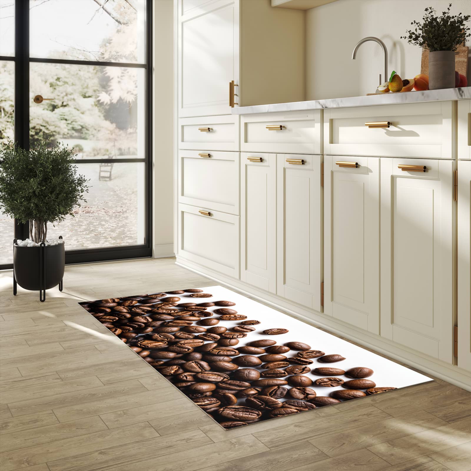 Bodenschonender Küchenteppich mit Motiv Warme Kaffeebohnen in heller Küche