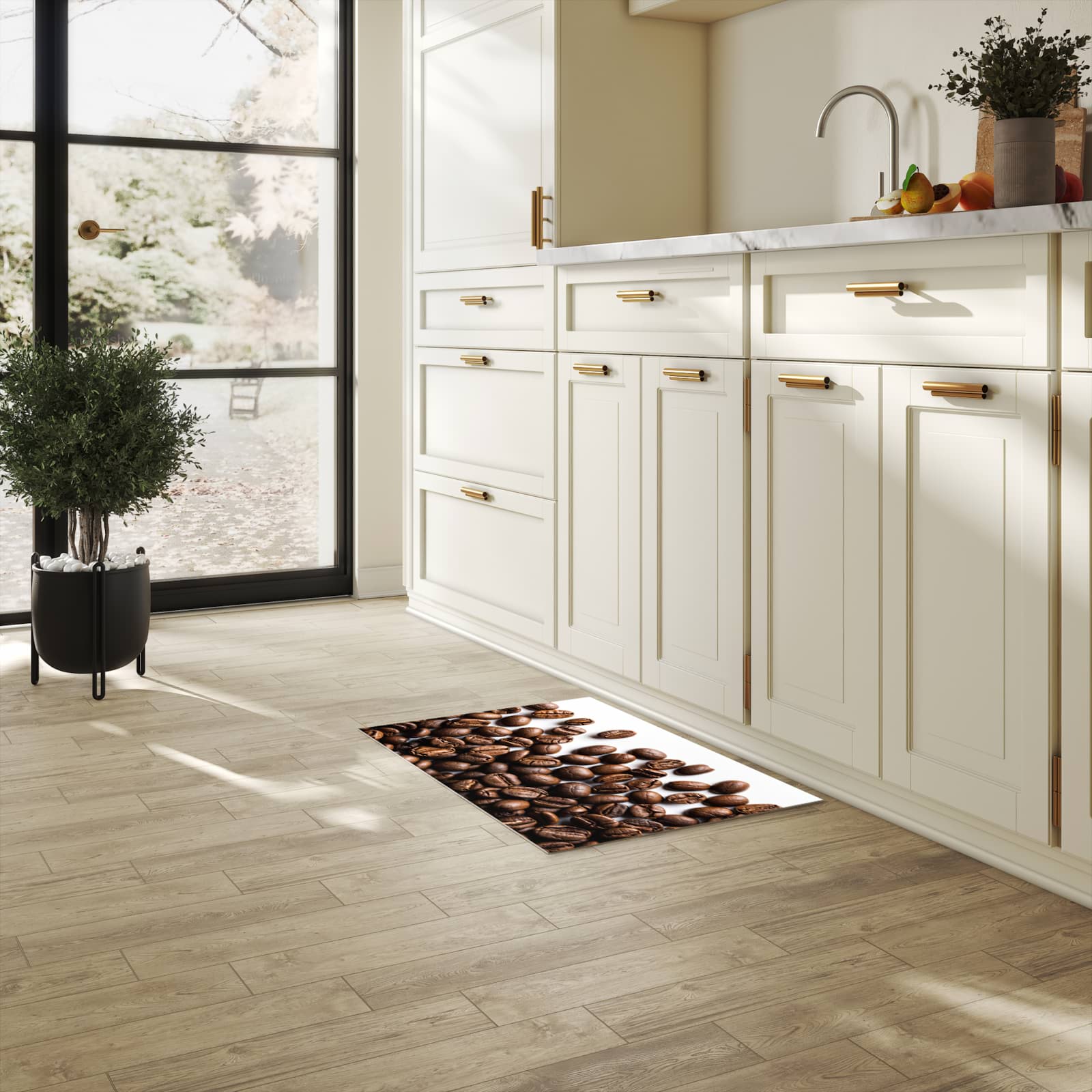 Strapazierfähiger Küchenteppich mit Motiv Warme Kaffeebohnen in heller Küche