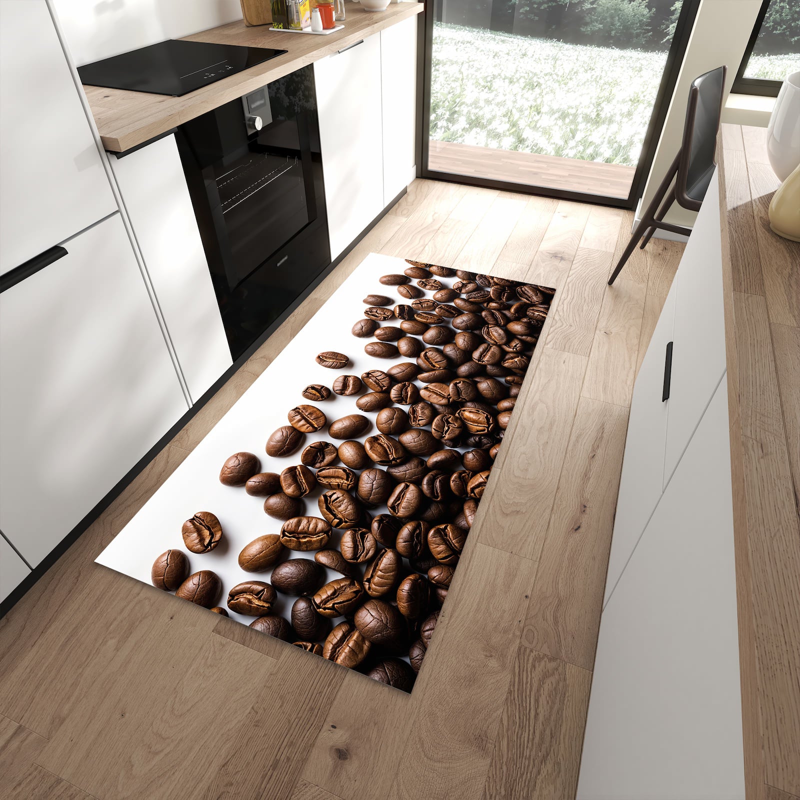 Flacher Küchenteppich mit Motiv Warme Kaffeebohnen in moderner Küche für rutschfesten Stand