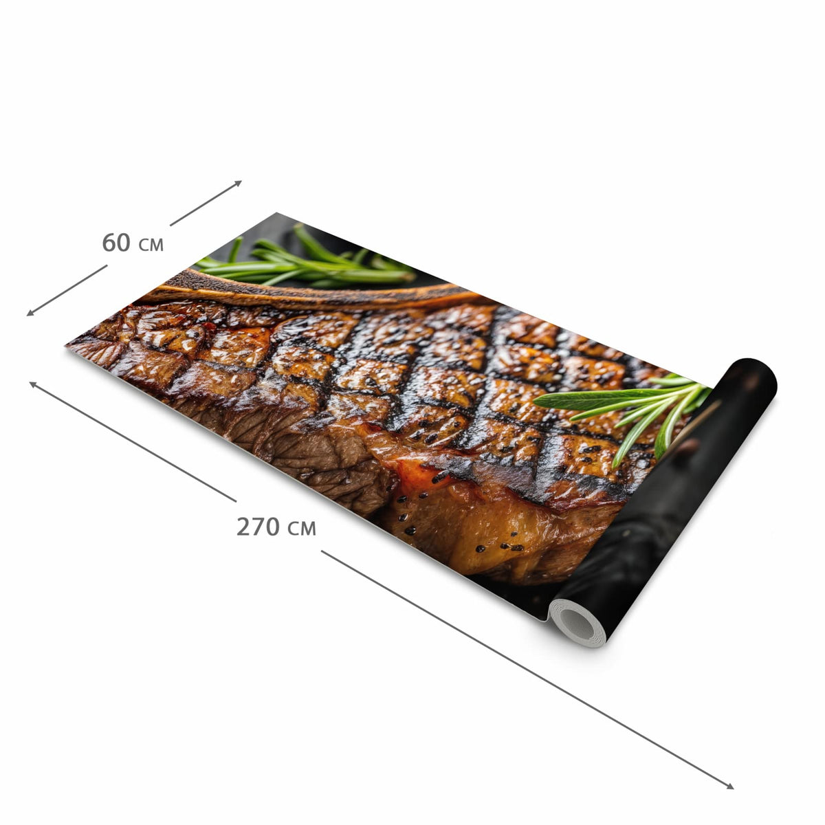 Pflegeleichter waschbarer Küchenteppich mit Motiv Gegrilltes Steak in der Grösse 90x240 cm