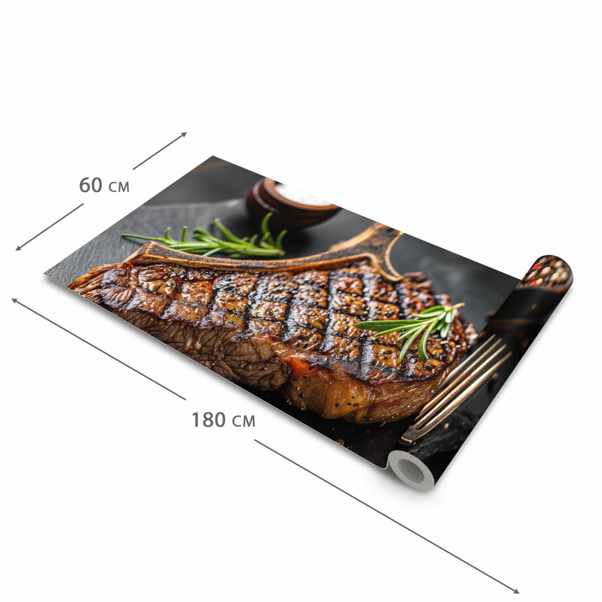 Langlebiger dünner Küchenteppich mit Motiv Gegrilltes Steak in der Grösse 90x240 cm