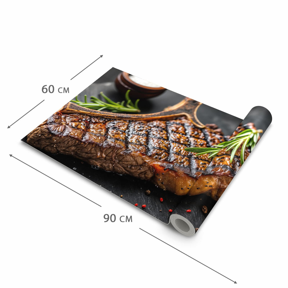 Rutschfester waschbarer Teppich Esstisch mit Motiv Gegrilltes Steak in der Grösse 90x240 cm