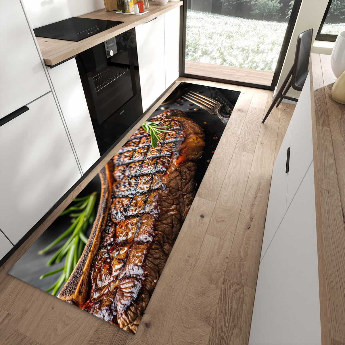 Waschbarer Küchenläufer mit Motiv Gegrilltes Steak für Ordnung in moderner Küche