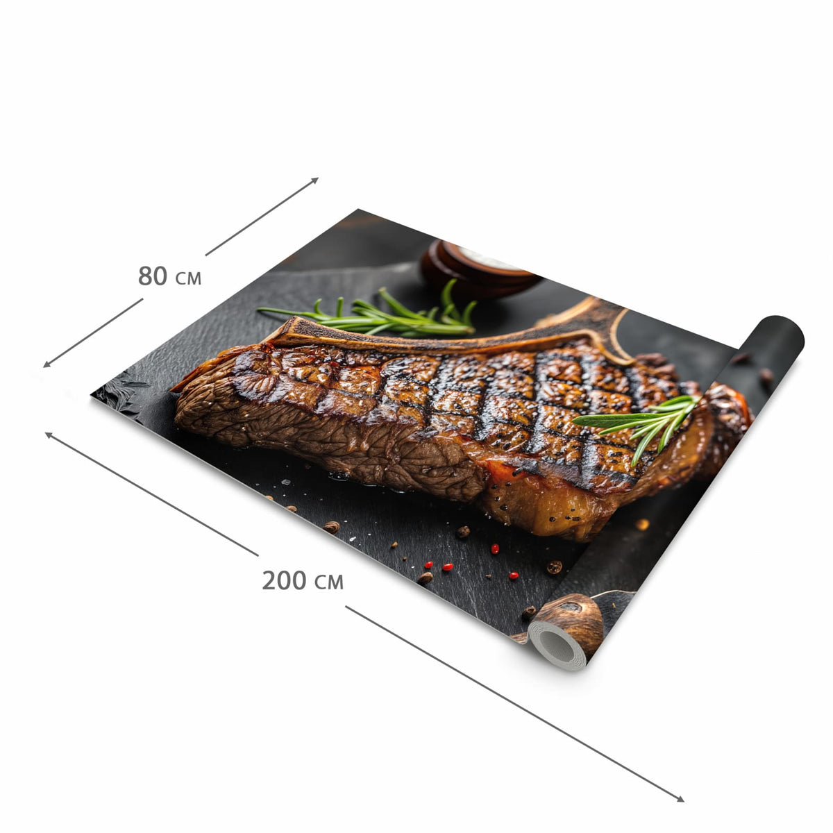Pflegeleichter rutschfester Küchenteppich mit Motiv Gegrilltes Steak in der Grösse 90x240 cm