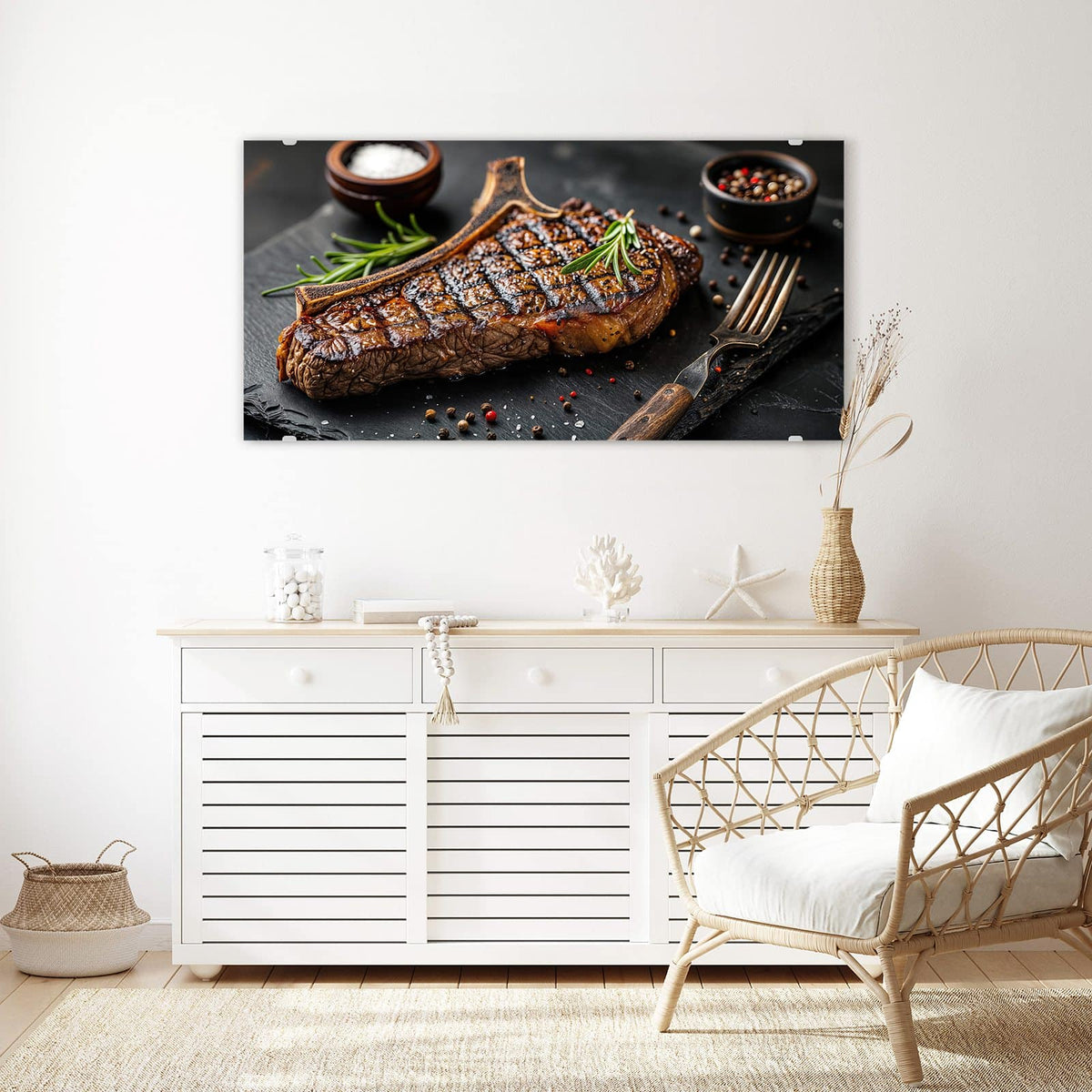 Echtglas, 4 mm – kein Acryl, keine Folie – Wandbild - T-Bone-Steak vom Grill - Querformat