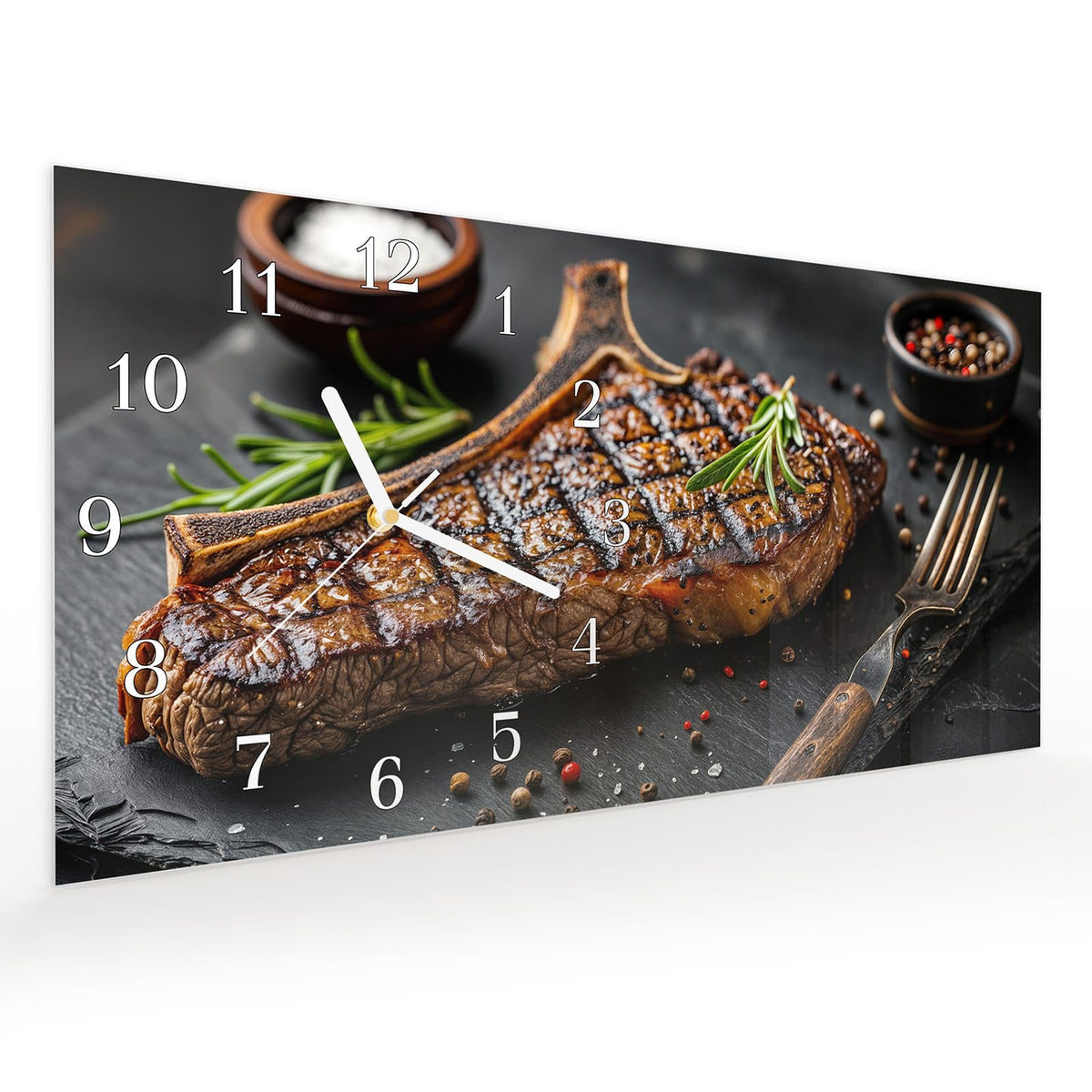 Vormontiert – mit Schwebeeffekt – Wanduhr Gegrilltes Steak aus Glas – Querformat 60 × 30 cm