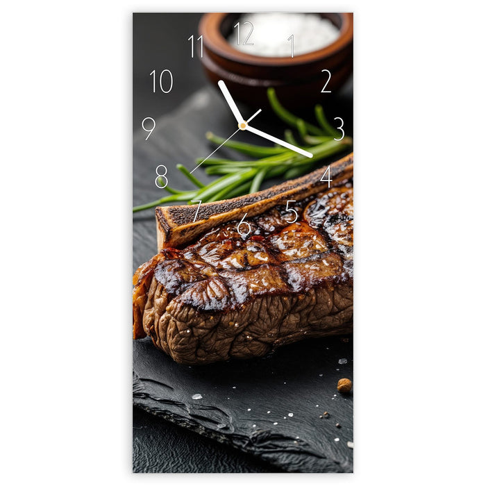 Wanduhr Gegrilltes Steak aus Glas – Hochformat 30 × 60 cm mit Ziffernblatt Elegant