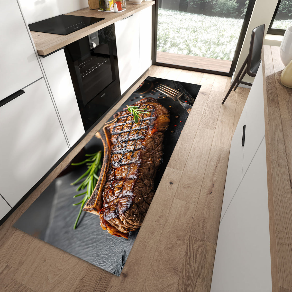Bodenschonender waschbarer Läufer für die Küche mit Motiv Gegrilltes Steak in moderner Küche