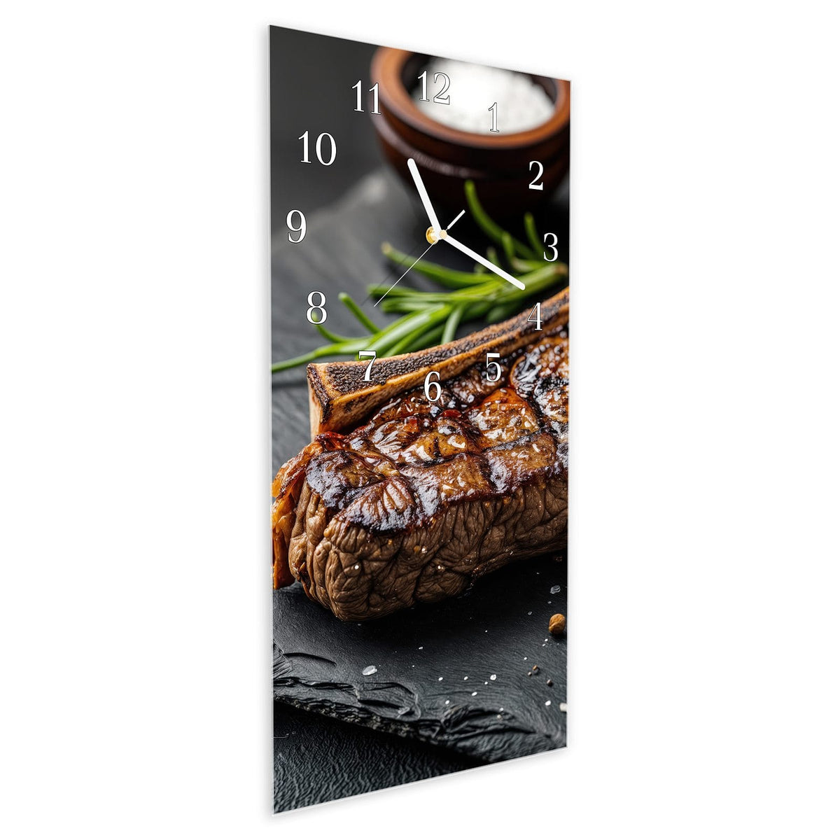 Vormontiert – mit Schwebeeffekt – Wanduhr Gegrilltes Steak aus Glas – Hochformat 30 × 60 cm