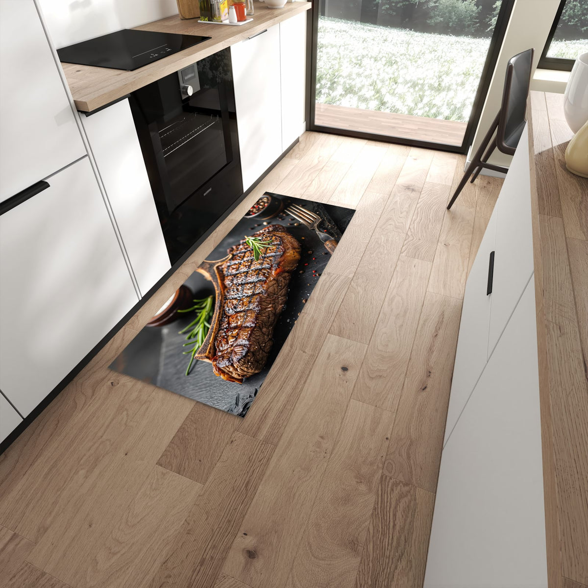 Küchenteppich mit Motiv Gegrilltes Steak für angenehme Haptik in moderner Küche #grösse_60 x 150 cm