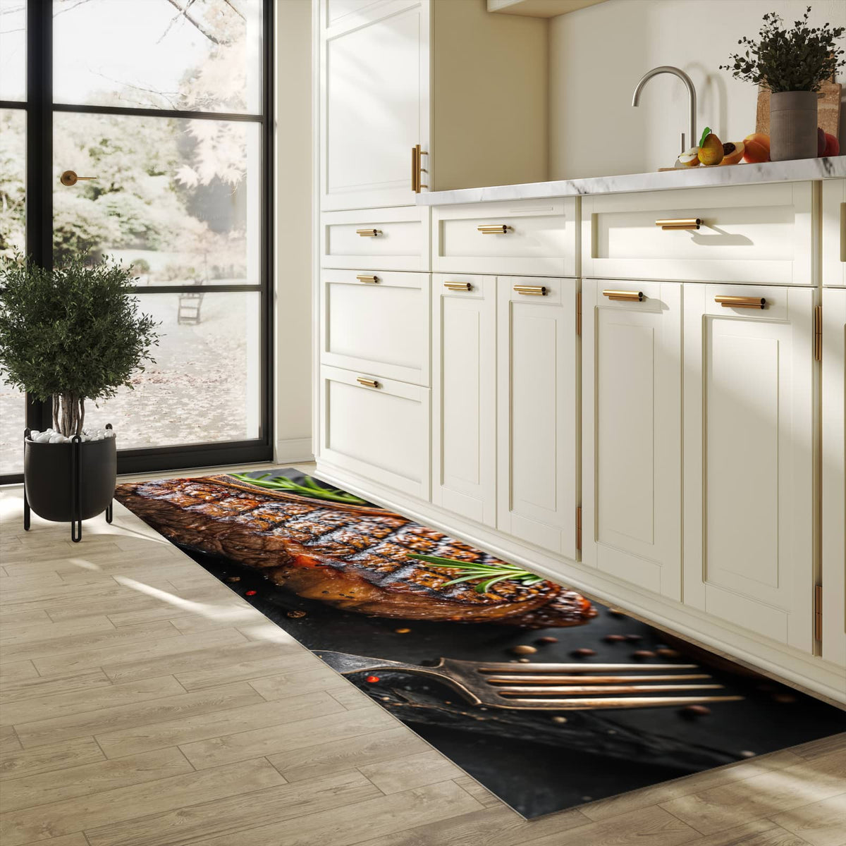 Geruchsneutraler rutschfester Küchenläufer mit Motiv Gegrilltes Steak in heller Küche