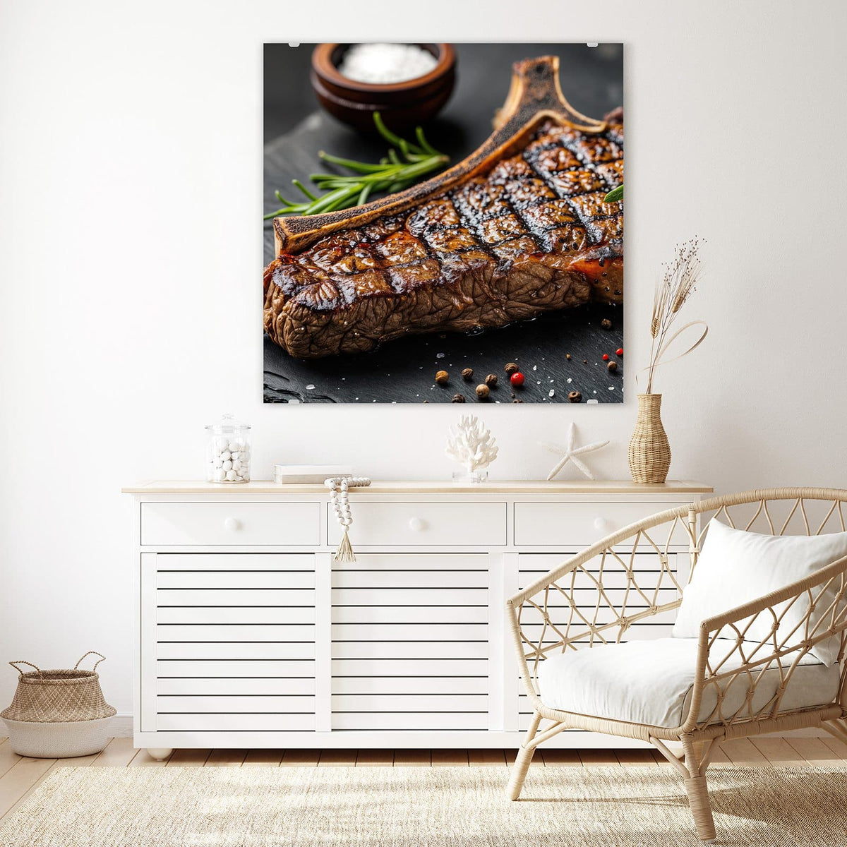 Echtglas, 4 mm – kein Acryl, keine Folie – Wandbild - T-Bone-Steak vom Grill - Quadratisch