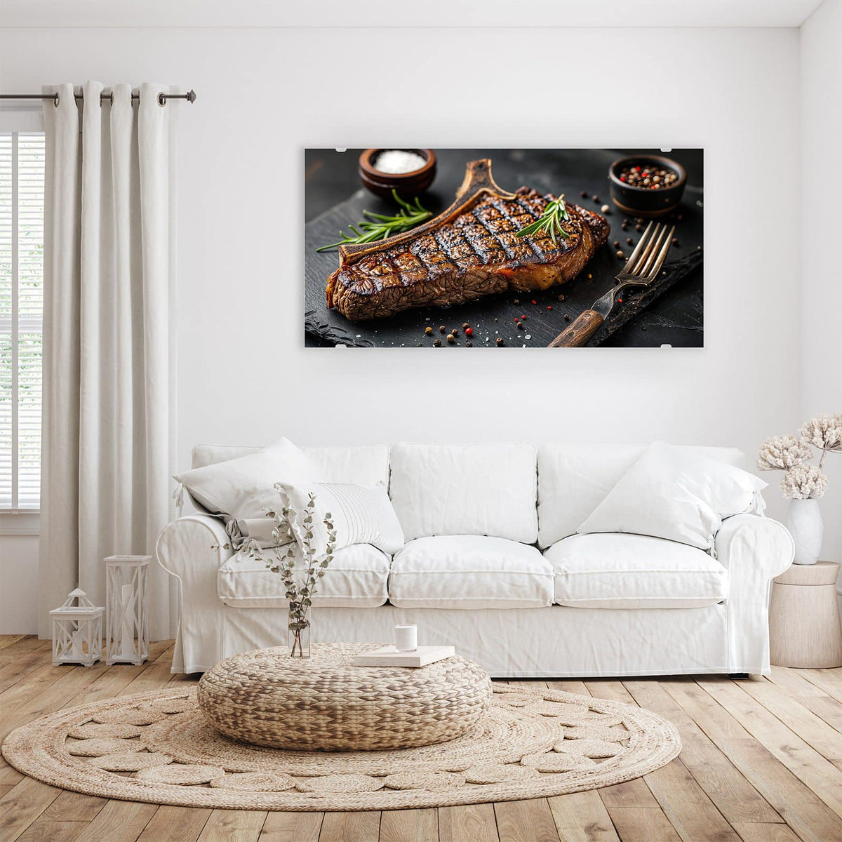 Wandbild - T-Bone-Steak vom Grill - Querformat – Steak auf Schiefer mit Rosmarin