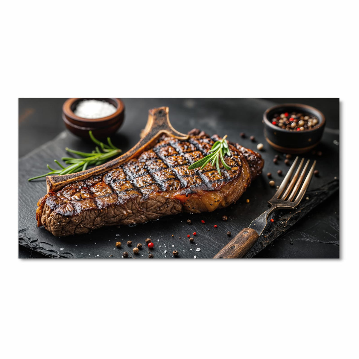 Komfortabler waschbarer Küchenteppich mit Motiv Gegrilltes Steak in Frontansicht