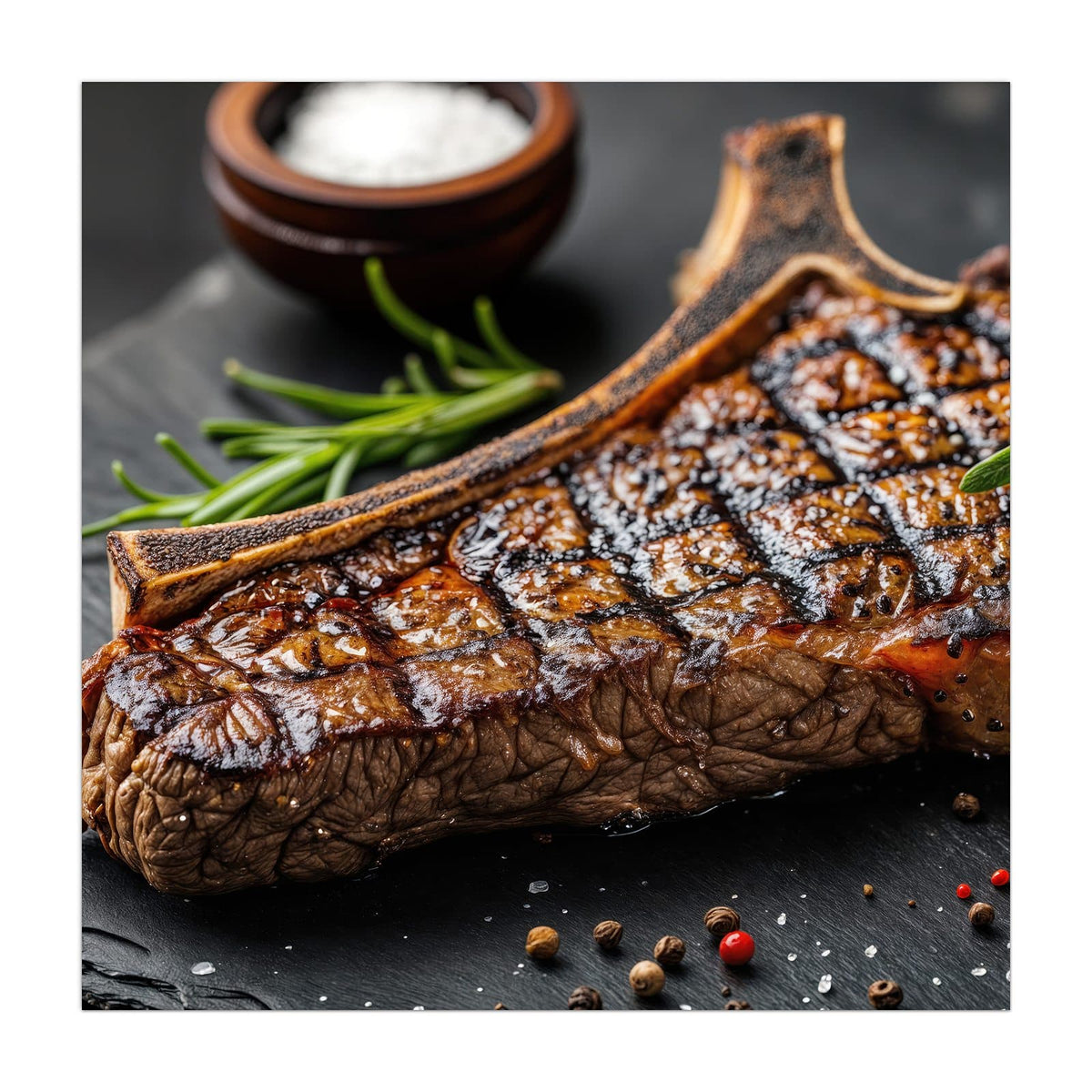 Angeschnittenes T-Bone-Steak mit Grillstreifen auf Schiefer, dazu Rosmarin, Salzschale und Pfefferkörner