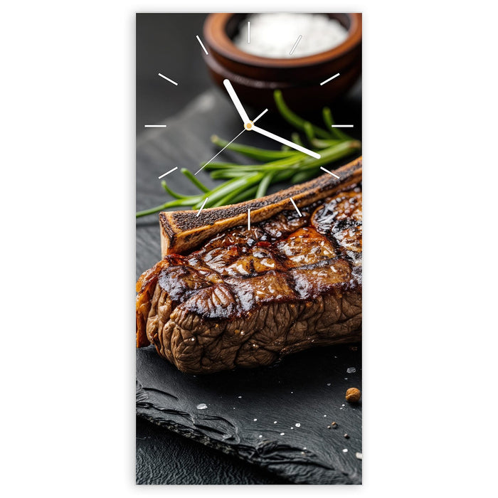 Wanduhr Gegrilltes Steak aus Glas – Hochformat 30 × 60 cm mit Ziffernblatt Linie