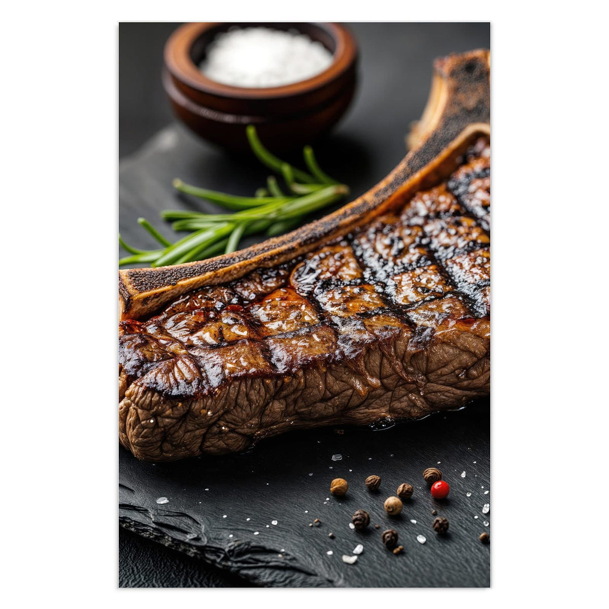 Angeschnittenes T-Bone-Steak mit Grillstreifen auf Schiefer, dazu Rosmarin, Salzschale und Pfefferkörner