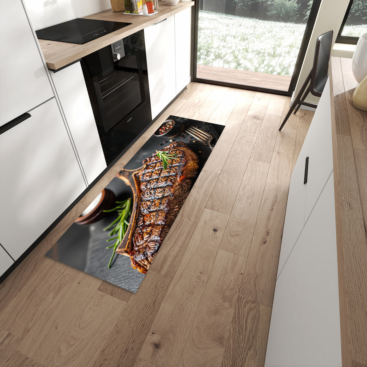 Hygienischer Küchenteppich mit Motiv Gegrilltes Steak in moderner Küche