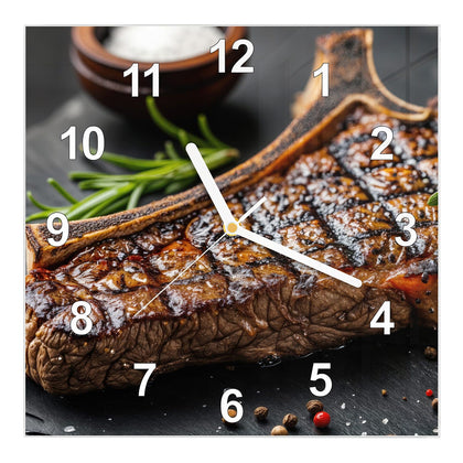 Wanduhr Quadratisch mit dem Motiv T-Bone-Steak vom Grill