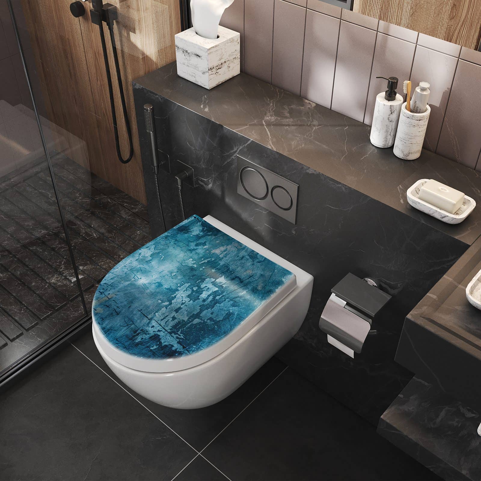 Sicherer WC-Aufsatz mit Motiv Abstrakte & Textur im Badezimmer seitliche Perspektive