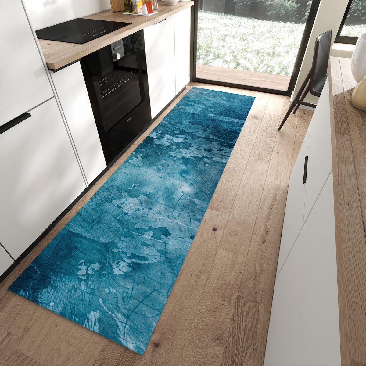 Küchenläufer Abblätterndes Blau in einer modernen Küche
