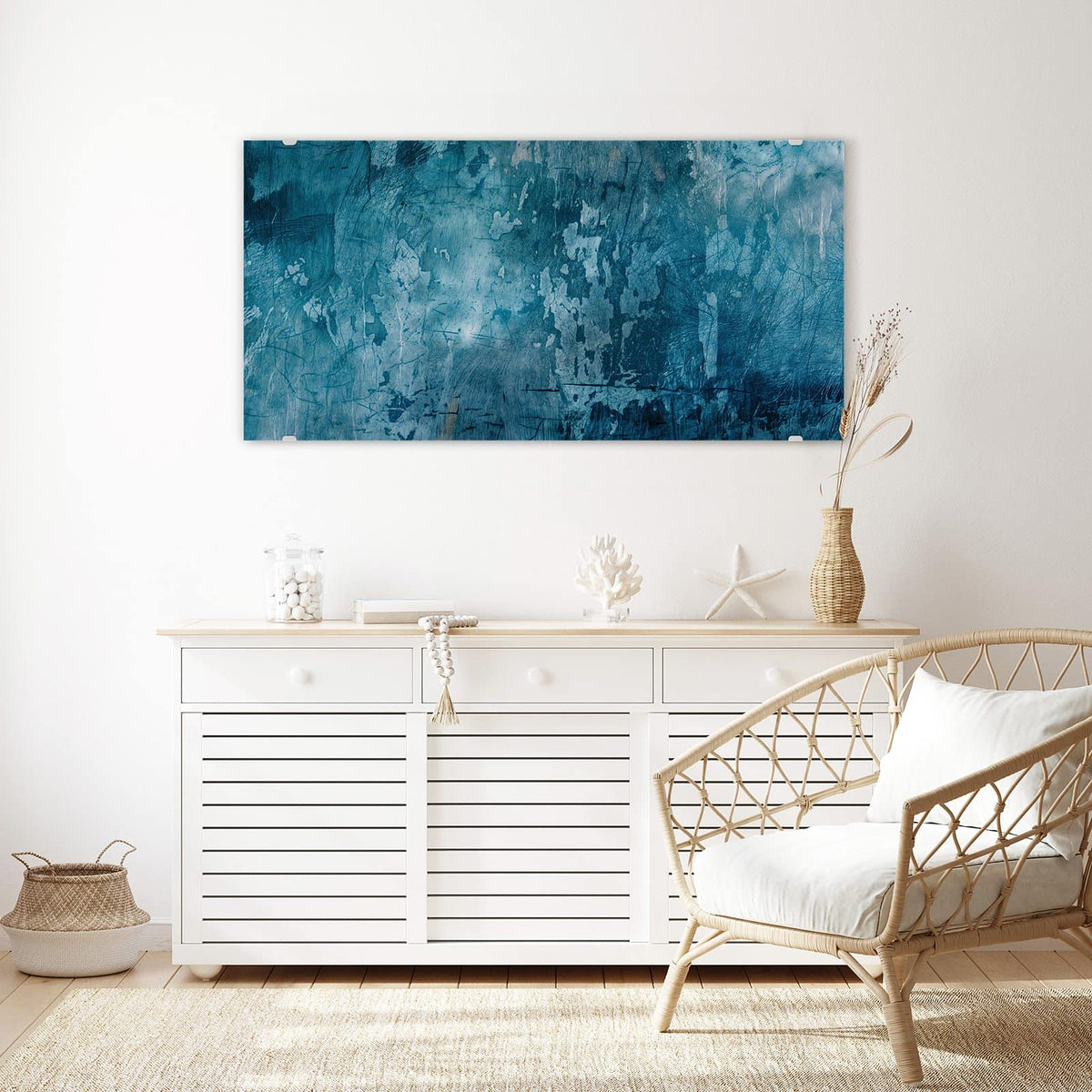 Echtglas, 4 mm – kein Acryl, keine Folie – Wandbild - Abblätterndes Blau - Querformat