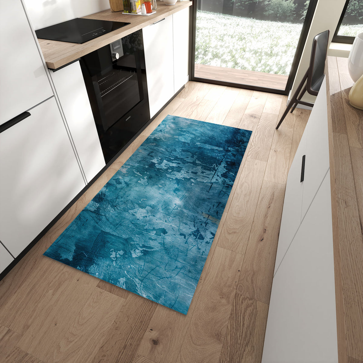 Küchenläufer Abblätterndes Blau in einer modernen Küche