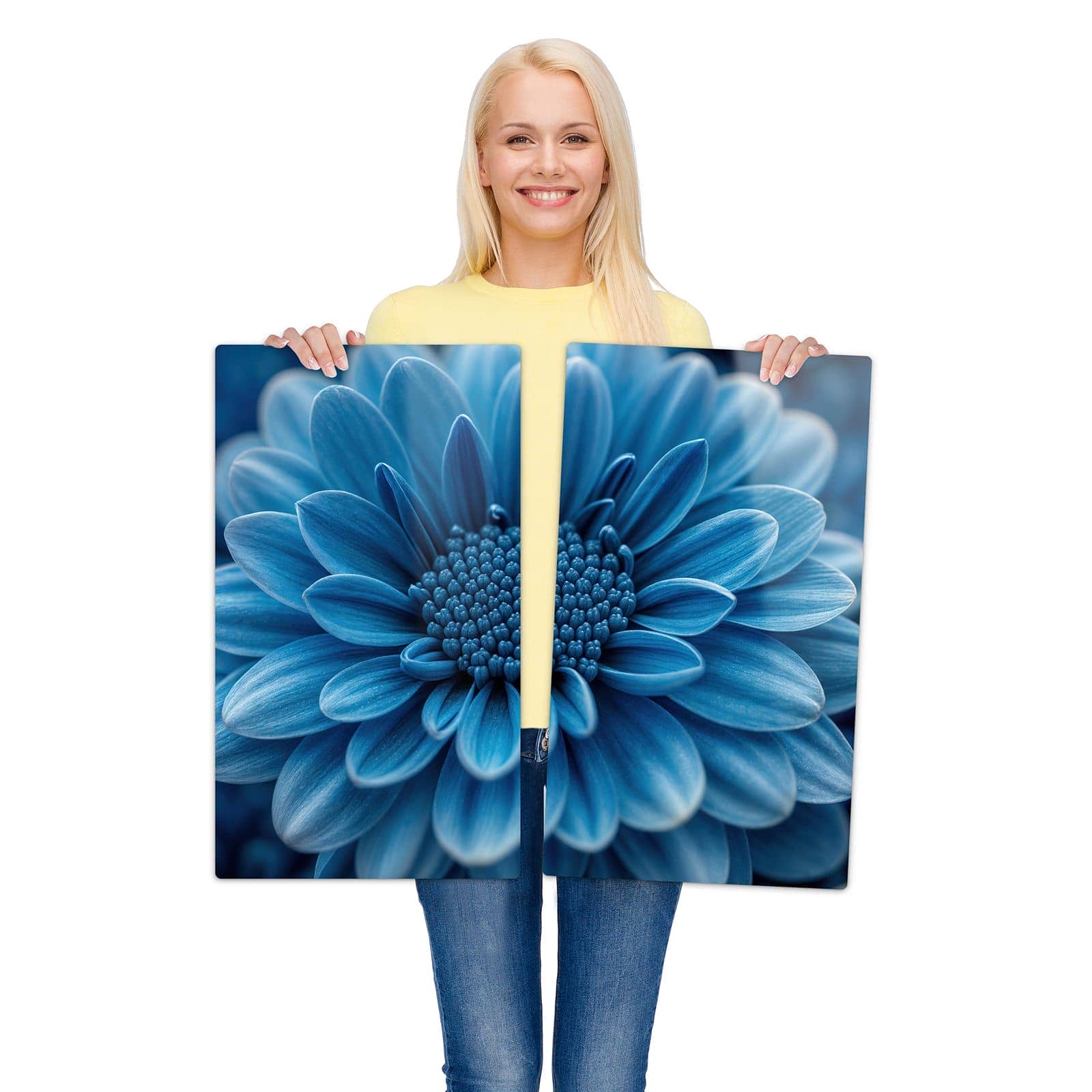 2-teilige Abdeckplatte für Ceranfeld mit Blaue Blume-Motiv wird zur Größendarstellung gehalten