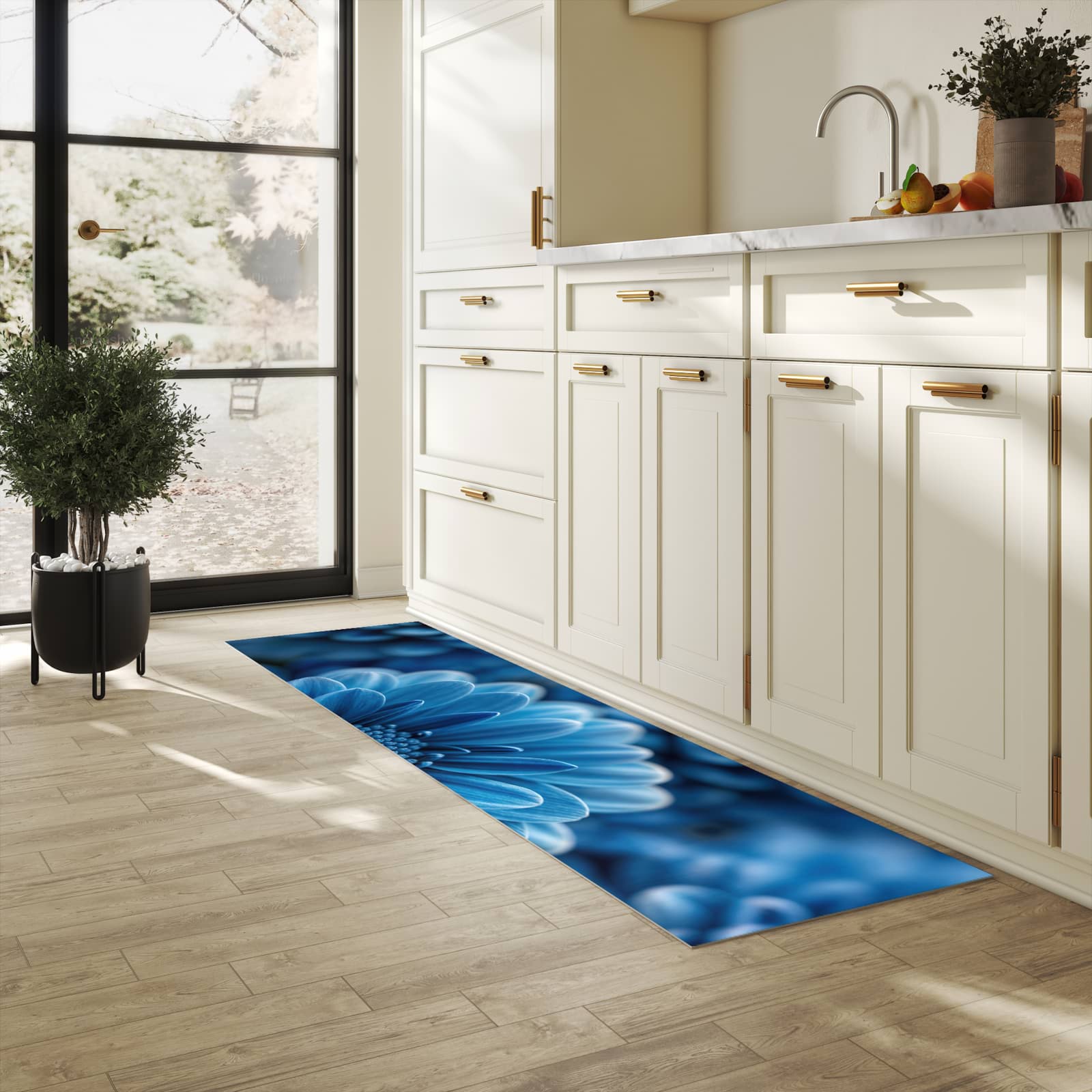 Hygienischer rutschfester Küchenteppich mit Motiv Blaue Blume in heller Küche