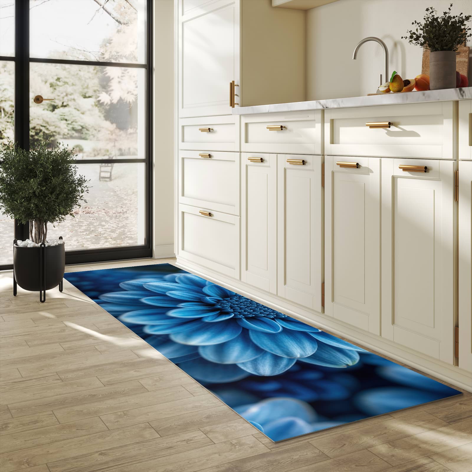 Rutschfester Küchenteppich mit Motiv Blaue Blume in heller Küche schützt den Boden