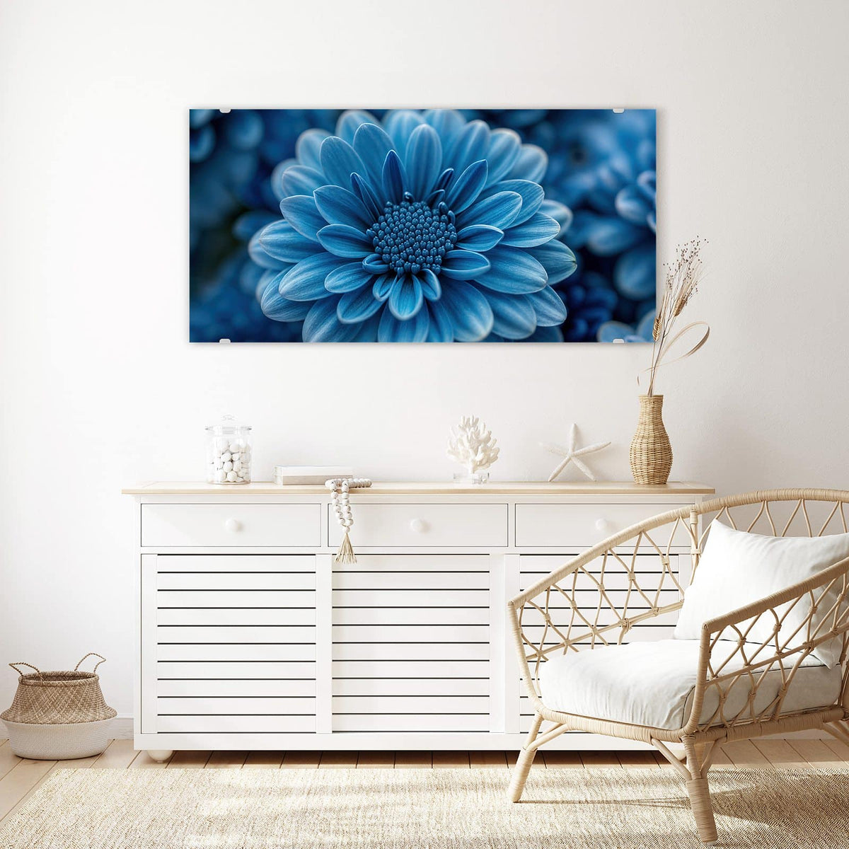 Echtglas, 4 mm – kein Acryl, keine Folie – Wandbild - Blaue Chrysantheme - Querformat