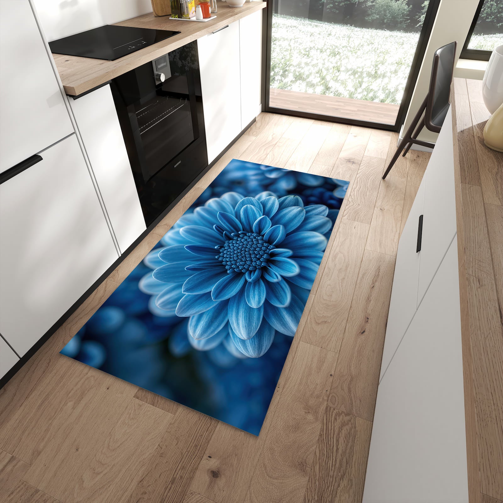 Komfortabler Küchenteppich mit Motiv Blaue Blume in moderner Küche