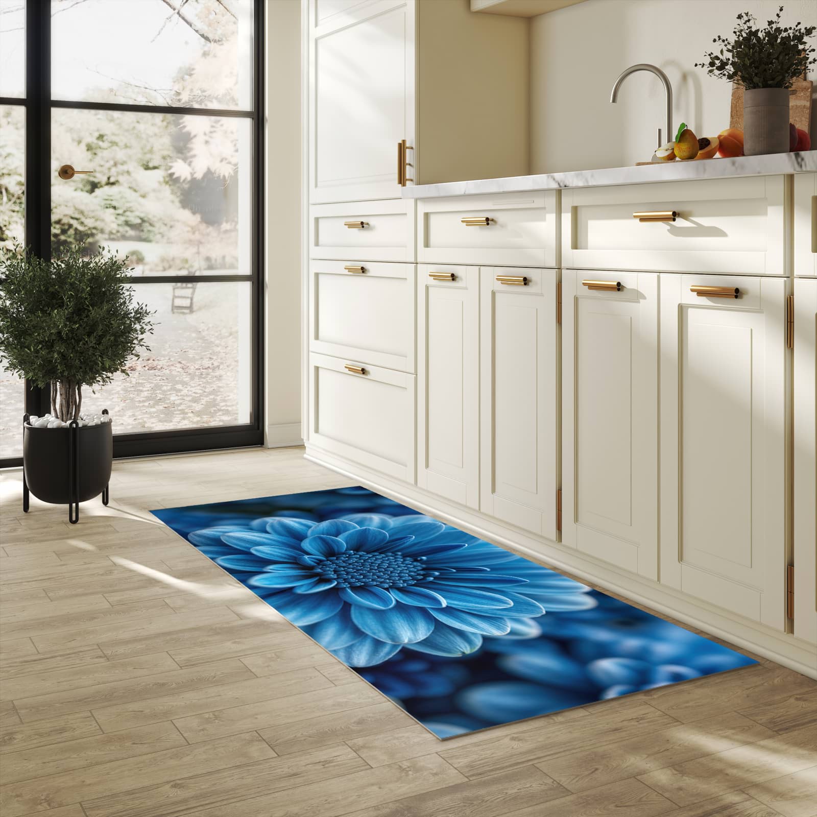 Rutschfester Küchenteppich mit Motiv Blaue Blume in heller Küche