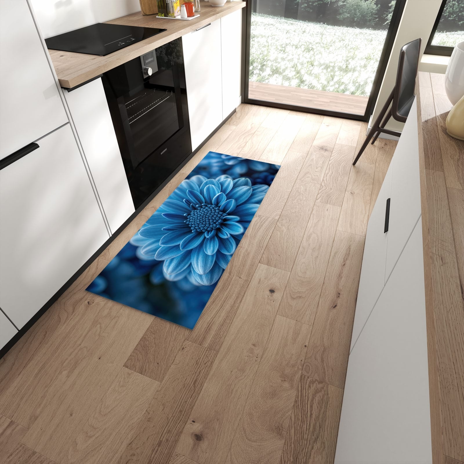 Abriebfester moderner Küchenläufer mit Motiv Blaue Blume in moderner Küche #grösse_60 x 150 cm