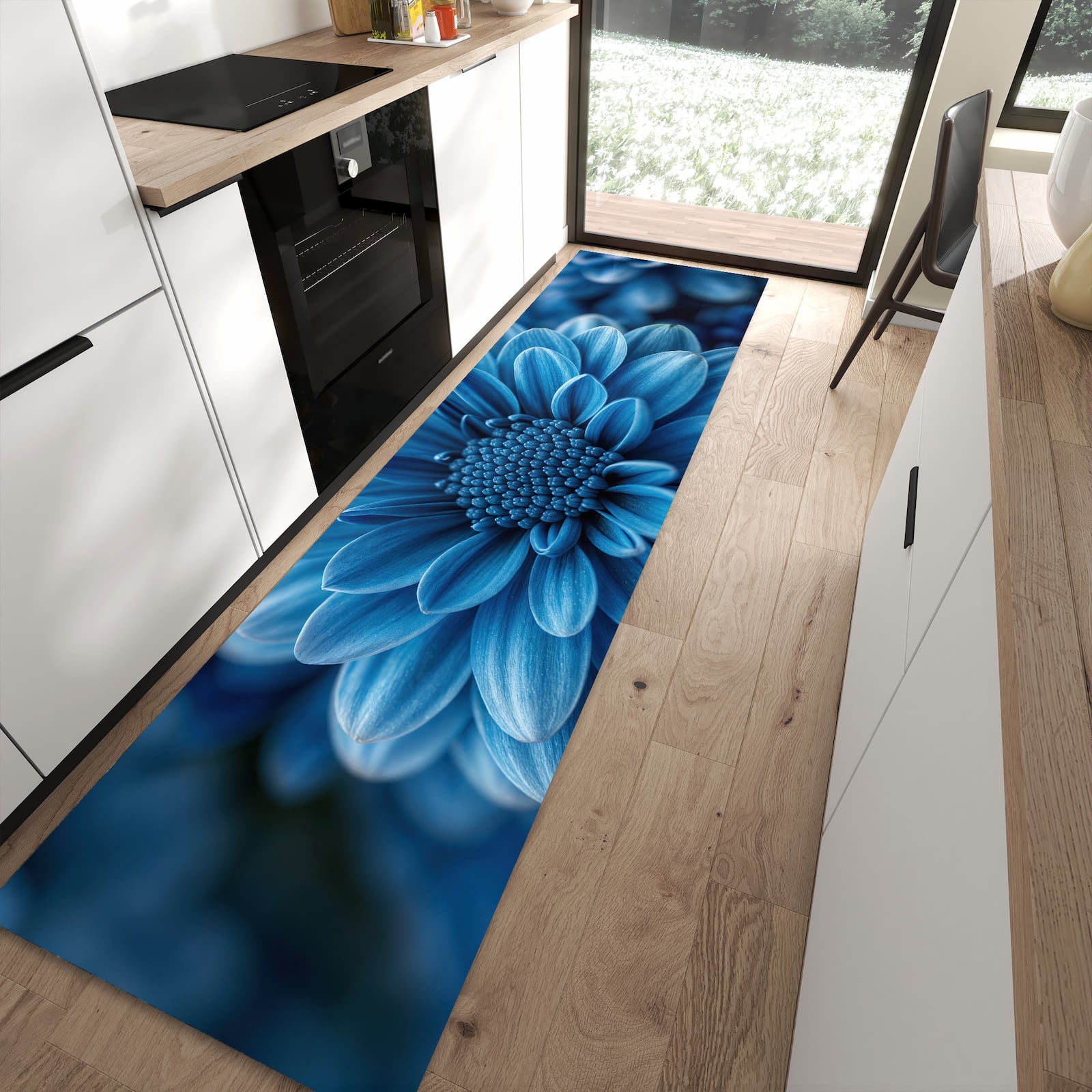 Pflegeleichter Küchenteppich mit Motiv Blaue Blume in moderner Küche