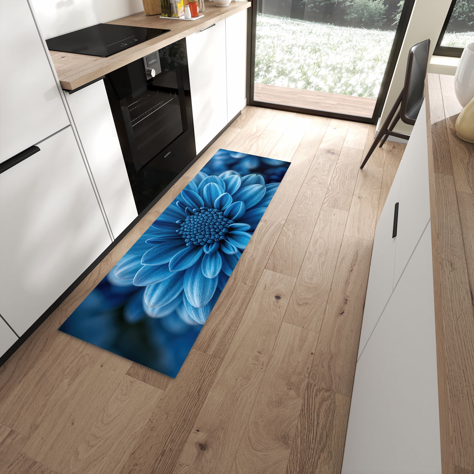 UV-beständiger abwaschbarer Küchenläufer mit Motiv Blaue Blume in moderner Küche