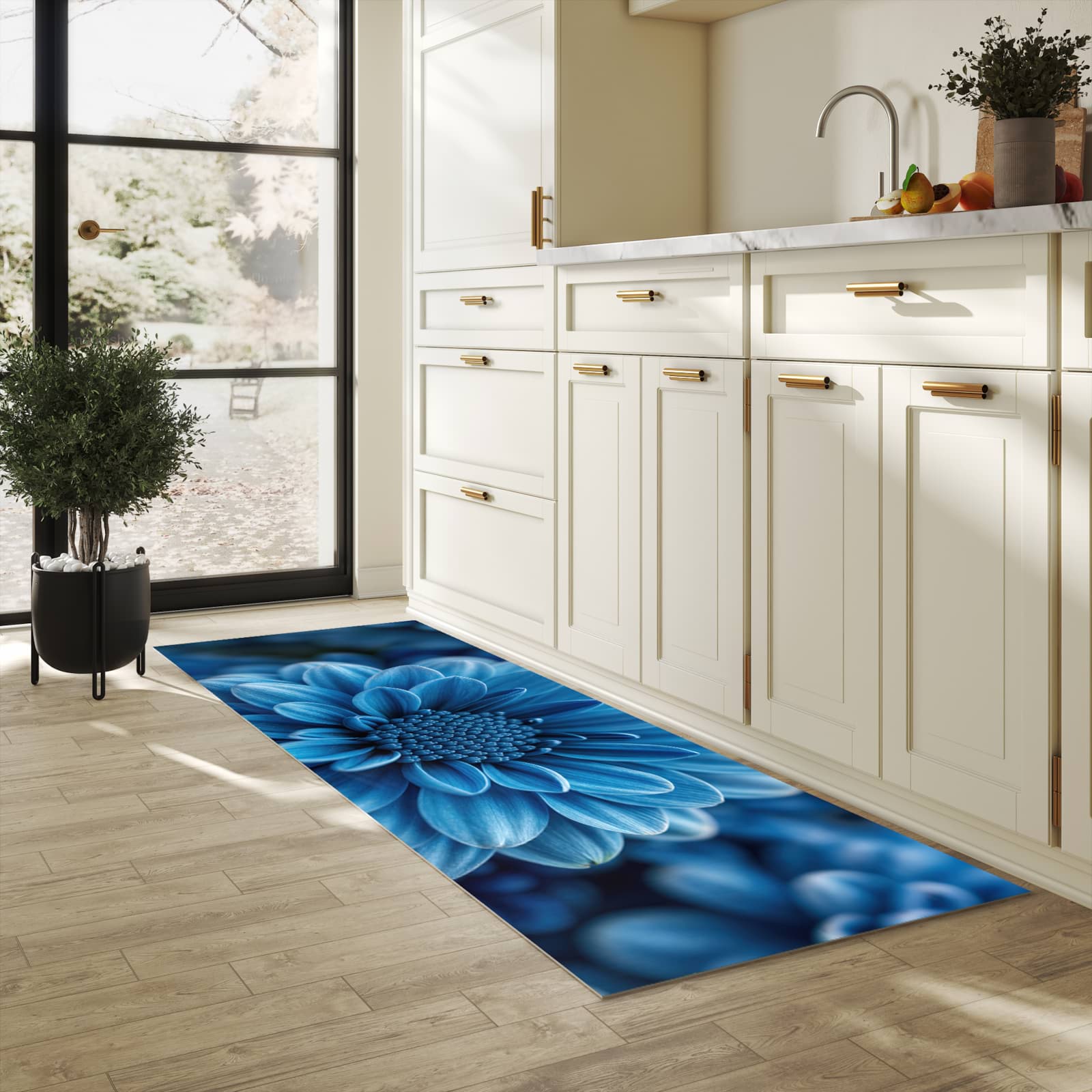 Feuchtigkeitsresistenter Küchenteppich mit Motiv Blaue Blume in heller Küche