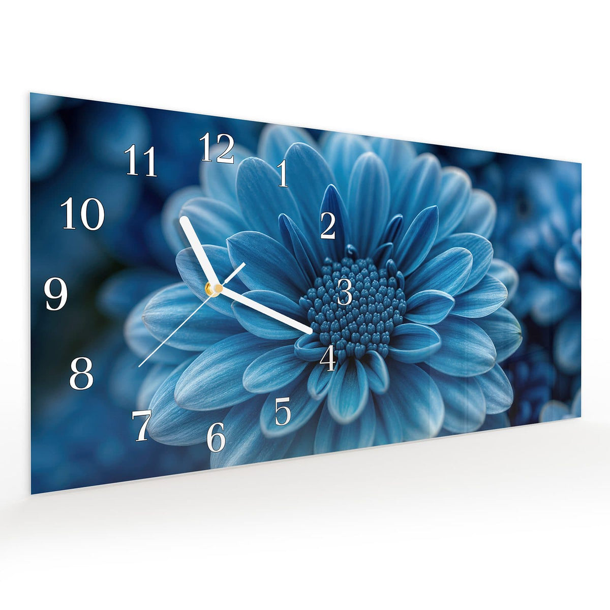 Vormontiert – mit Schwebeeffekt – Wanduhr Blaue Blume aus Glas – Querformat 60 × 30 cm