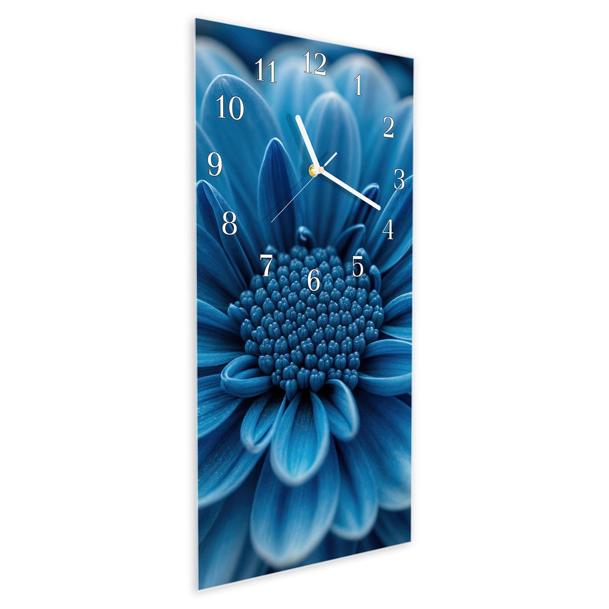 Vormontiert – mit Schwebeeffekt – Wanduhr Blaue Blume aus Glas – Hochformat 30 × 60 cm