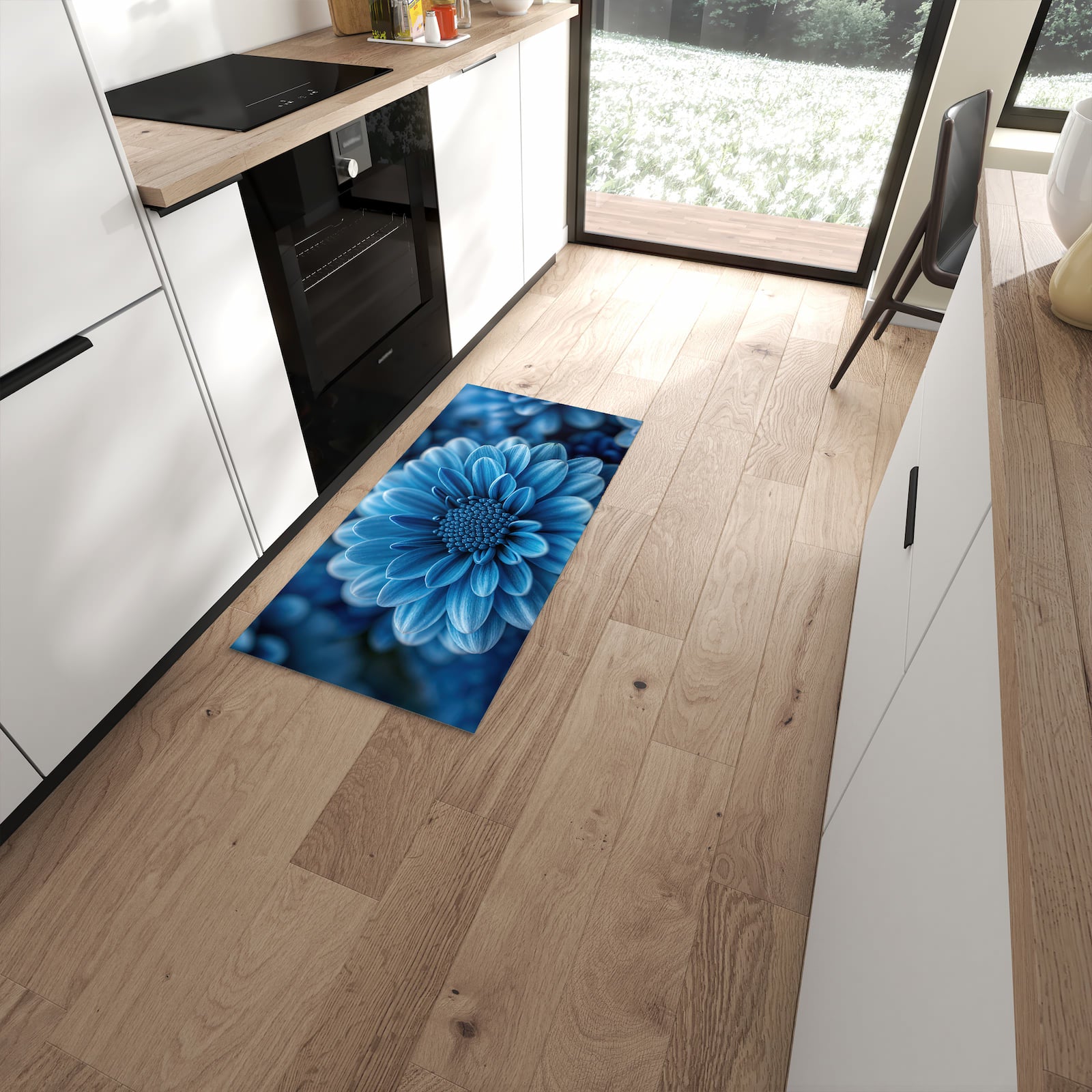 Geräuschdämpfender waschbarer Küchenläufer mit Motiv Blaue Blume in moderner Küche #grösse_60 x 120 cm
