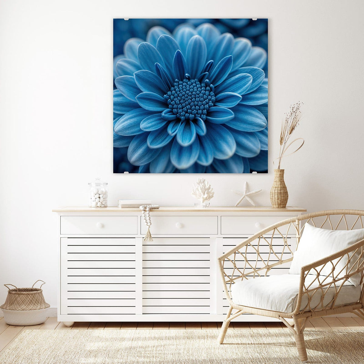 Echtglas, 4 mm – kein Acryl, keine Folie – Wandbild - Blaue Chrysantheme - Quadratisch