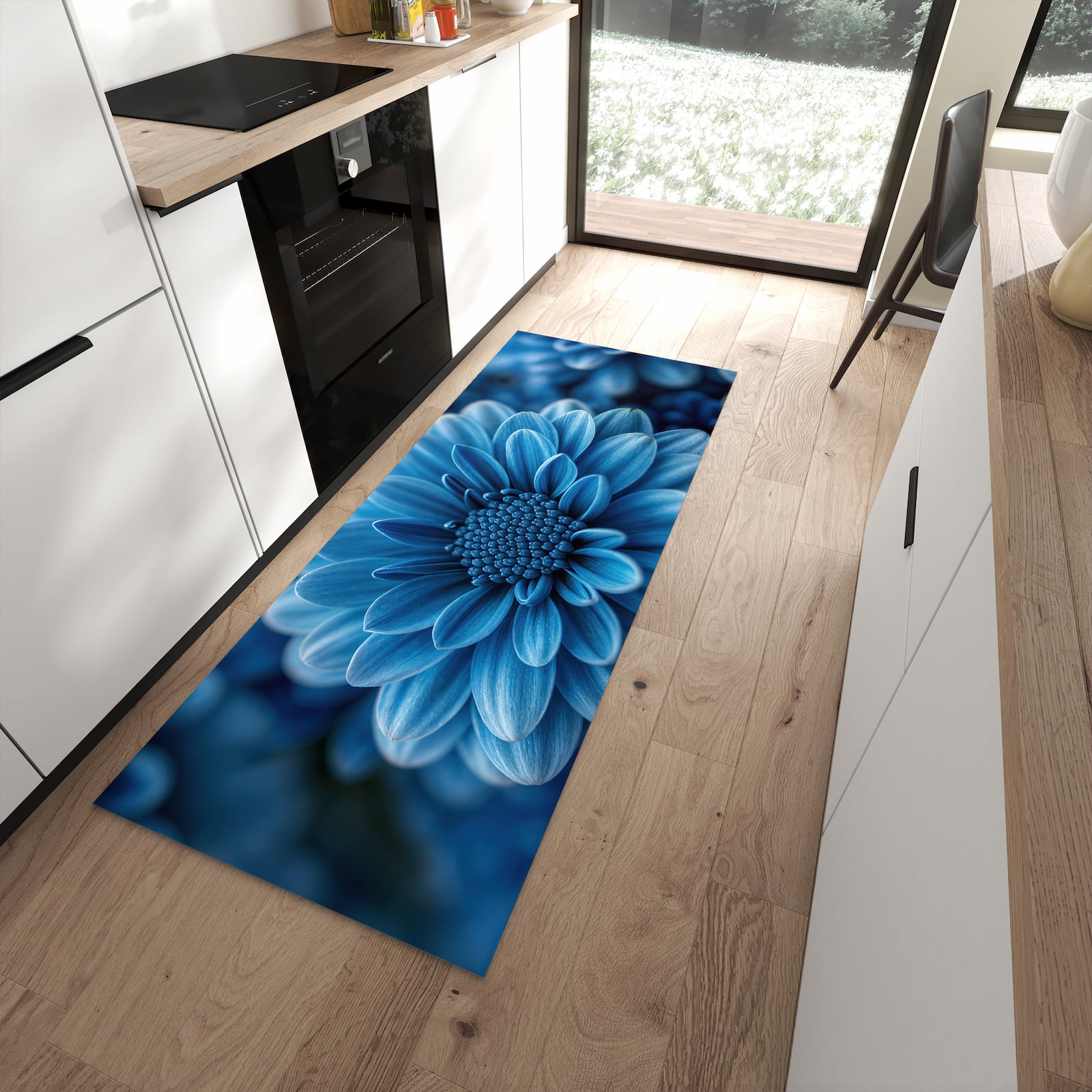 Geruchsneutraler Küchenteppich mit Motiv Blaue Blume in moderner Küche